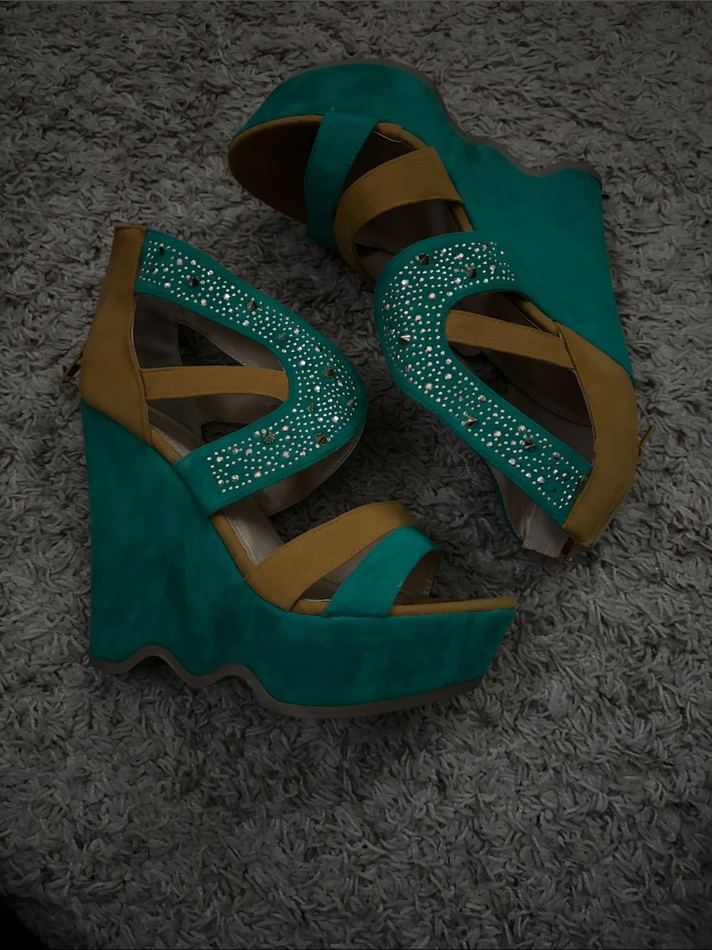 Liliana Teal and Mustard Rhinestone Platform Wedges